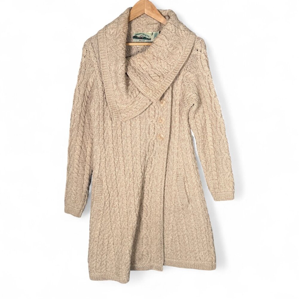 Aran Crafts Irish Merino Wool Cardigan Coat Coatigan Light Pink Cable Knit S